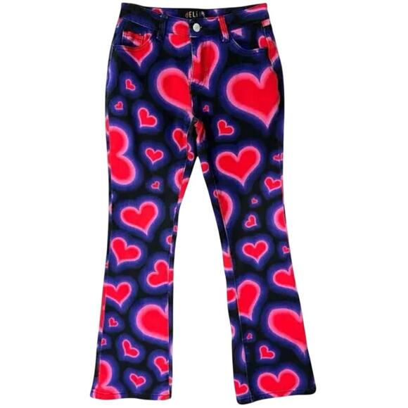 Delia's Dolls Kill Y2K Heart Low Rise Black Purple Red Pink Flare Jeans size XS - Picture 2 of 9